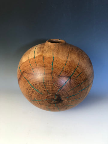 WT #121, Hollow Form Vessel from Gambel Oak with Malachite inlay.