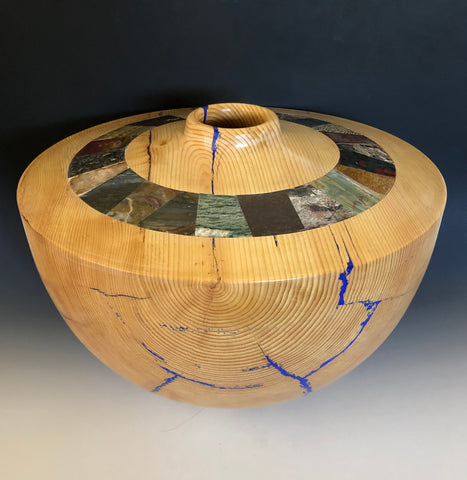 WT #117, Hollow Form Vessel from Ponderosa Pine with lapis and lapidary cabochon inlay