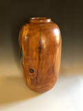 WT #103,  Hollow Form Vessel from Spalted Crabapple with Turquoise, Red Coral &Jet inlay.