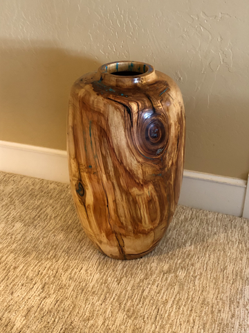 WT #94, Large Hollow Form Vessel from Spalted Aspen with Turquoise, Jet, & Opal inlay.  NFS