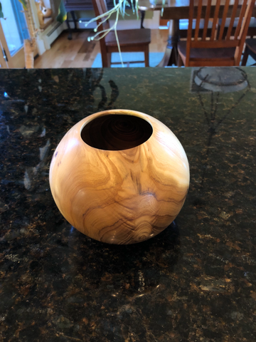 WT #33, Hollow Form Vessel from Russian Olive with Fuchsite inlay.  SOLD