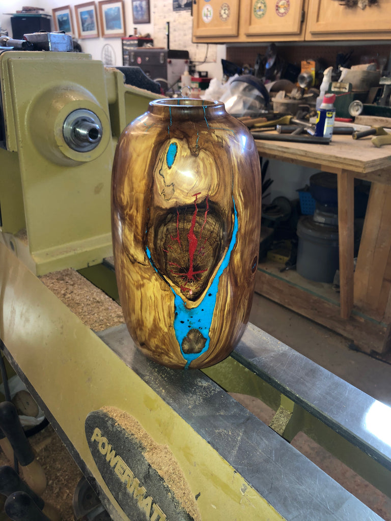 Finished WT #103, Hollow Form Vessel from Spalted Crabapple with Turquoise, Red Coral, & Jet inlay