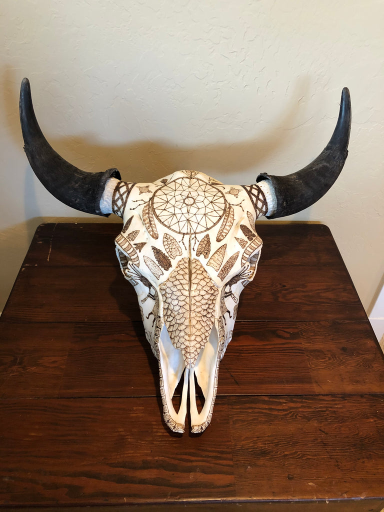Finished! P #19, Pyrography on Bull Bison Skull.