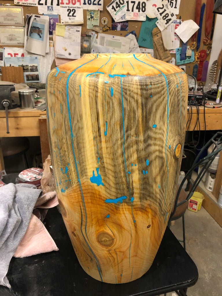 Finished!  😀 WT #150 Hollow Form Vessel from Beetle Killed Ponderosa Pine with Turquoise inlay.