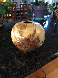 Finished Wt #105, Hollow Form Vessel from Spalted and Riddled Aspen with Turquoise inlay.