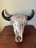 P #28, Pyrography on American Bison Skull, titled “Cheii”.
