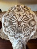 P #28, Pyrography on American Bison Skull, titled “Cheii”.