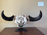 P #28, Pyrography on American Bison Skull, titled “Cheii”.