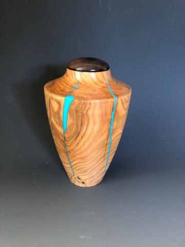 WT #169, Urn from Lambert Cherry with Turquoise inlay.