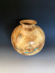 WT #197, Hollow Form Vessel from Spalted Aspen with Turquoise and Jet inlay.