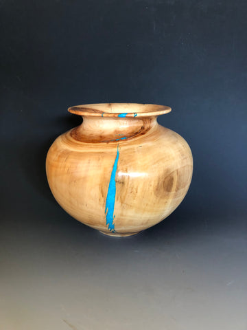 WT #208, Pot from Spalted Aspen with Jet and Turquoise inlay.