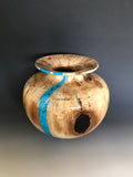 WT #211, Vase from Spalted Cottonwood with Turquoise and Jet inlay.