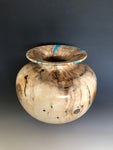 WT #211, Vase from Spalted Cottonwood with Turquoise and Jet inlay.