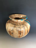 WT #211, Vase from Spalted Cottonwood with Turquoise and Jet inlay.