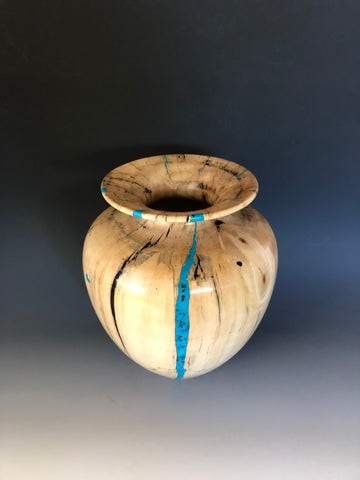 WT #213, Vase from Cottonwood with Turquoise and Jet inlay.