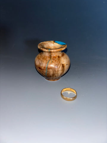 WT #235, Miniature Hollow Form Vessel from Maple Burl with Turquoise inlay.