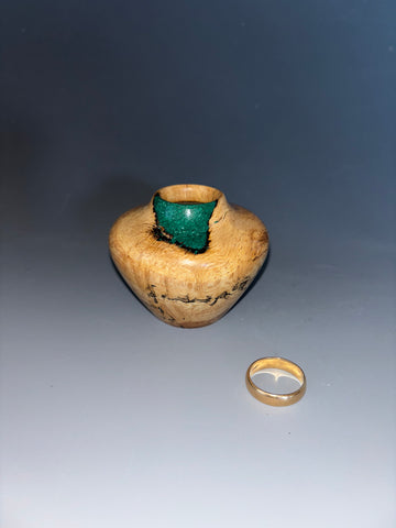 WT #234, Miniature Hollow Form Vessel from White Oak Burl with Malachite inlay.