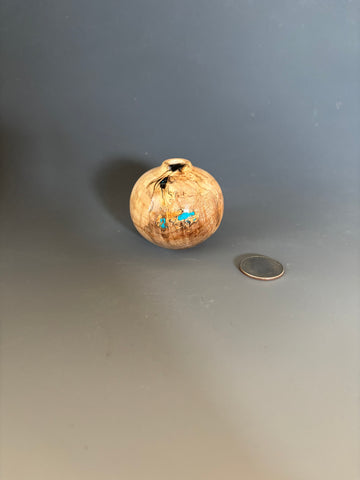 WT # 239, Miniature Hollow Form Vessel from Maple Burl with Jet & Turquoise inlay.