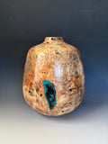 WT #279, Hollow Form Vessel from Cottonwood with Chrysocolla and Jet inlay.