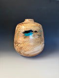 WT #279, Hollow Form Vessel from Cottonwood with Chrysocolla and Jet inlay.