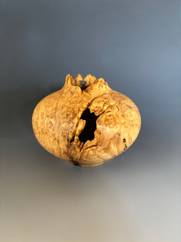 WT #282, Live Edge Hollow Form Vessel from Boxelder Burl with Jet inlay.