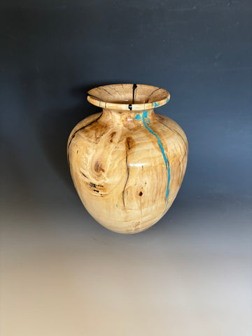 WT #285, Vase from Cottonwood with Turquoise and Jet inlay.