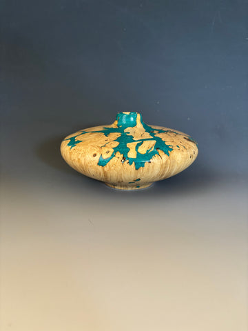 WT #287, Hollow Form Vessel from Boxelder Burl with crushed Chrysocolla inlay.
