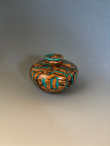 WT #289, Miniature axe from Jarrah Burl with Chrysocolla inlay.