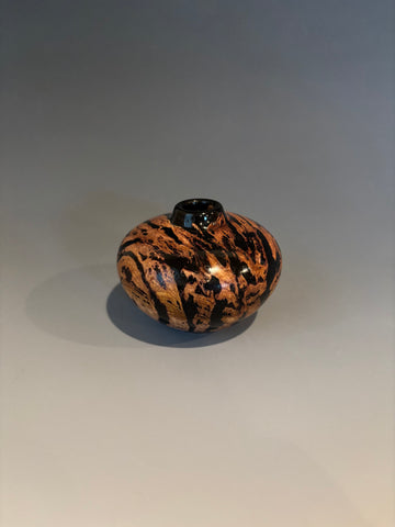 Wt # 290, Miniature Hollow Form Vessel from Jarrah Burl with Jet inlay.