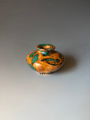 WT #291, Miniature Vase from Jarrah Burl with Malachite inlay.
