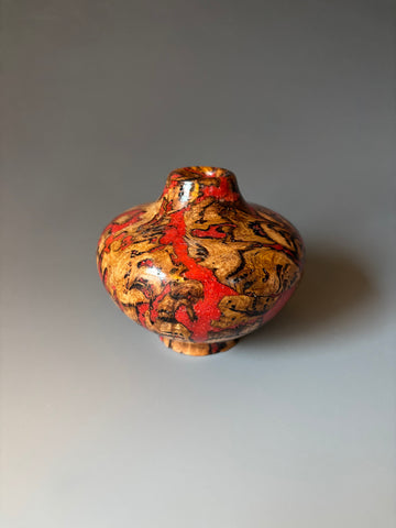 WT #292 Miniature Hollow Form Vessel from Jarrah Burl with Red Coral inlay.