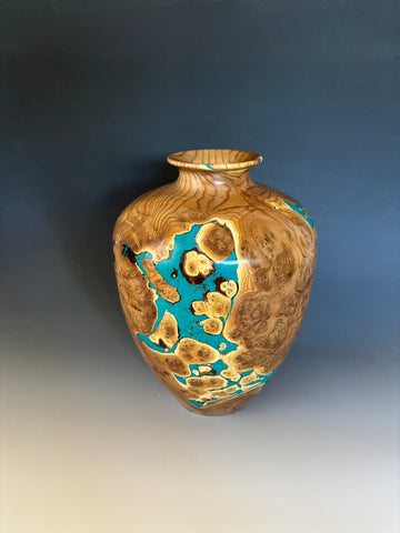 WT #295, Vase from Russian Olive Burl with crushed Chrysocolla inlay.