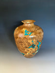 WT #295, Vase from Russian Olive Burl with crushed Chrysocolla inlay.