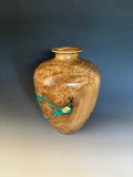 WT #295, Vase from Russian Olive Burl with crushed Chrysocolla inlay.