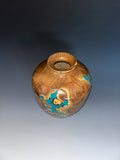 WT #295, Vase from Russian Olive Burl with crushed Chrysocolla inlay.