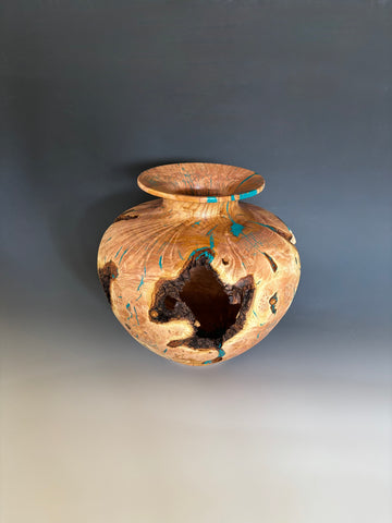WT #301, Live Edge Tamarisk Hollow Form with Crushed Chrysocolla inlay.