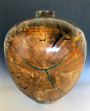 WT #152, Hollow Form Vessel from Beetle Killed Ponderosa Pine with Malachite and Jet inlay.