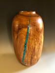 WT #103,  Hollow Form Vessel from Spalted Crabapple with Turquoise, Red Coral &Jet inlay.
