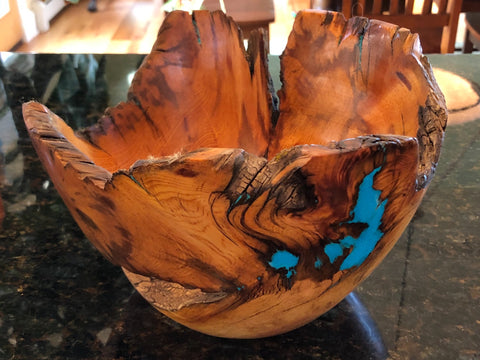 WT #48, Live Edge Bowl from “Rich Lightered” Ponderosa Pine with Turquoise inlay.  SOLD