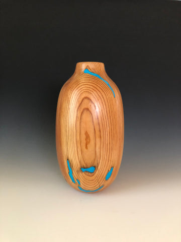 WT #50, Hollow Form Vessel from “Rich Lightered” Ponderosa Pine & Turquoise inlay