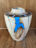WT #114, Hollow Form Vessel from “Rich Lighter” Ponderosa Pin with assorted mineral inlay.  SOLD