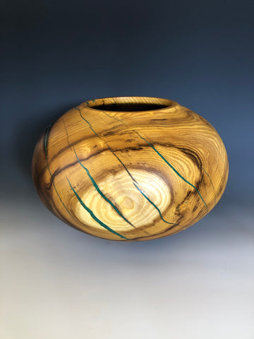 Hollow Form Vessel from Mulberry with Malachite inlay.