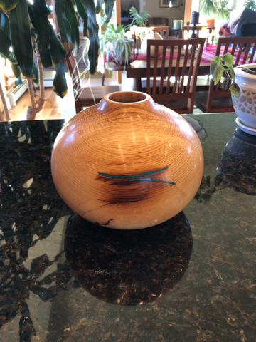WT #38, Hollow Form Vessel from “Rich Lightered” Ponderosa Pine with Malachite inlay.  SOLD