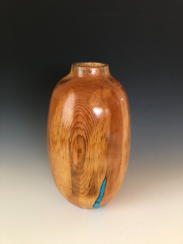 WT #60, Hollow Form Vessel from “Rich Lightered” Pondersa Pine & Turquoise inlay
