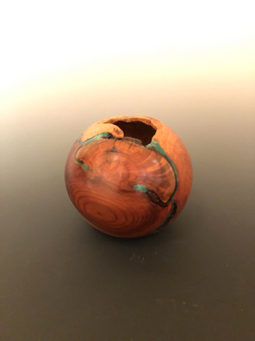 WT #82,  Hollow Form Vessel from Apple Burl with Malachite inlay.  SOLD