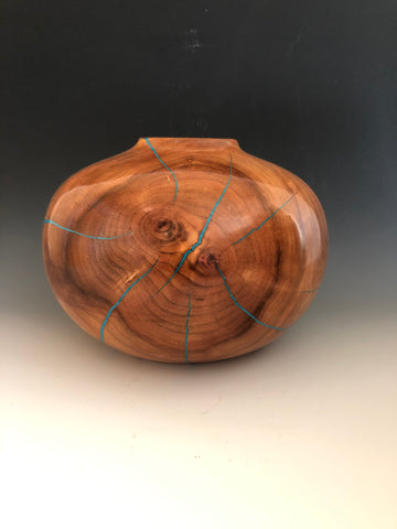 WT #99, Hollow Form Vessel from Apricot with Turquoise inlay.