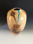 WT #92, Hollow Form Vessel from Spalted Aspen with Turquoise & Jet inlay.