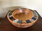 WT #139, Bowl from “Rich Lighter’d” Ponderosa Pine with crushed turquoise and cabochon inlay.