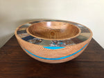 WT #139, Bowl from “Rich Lighter’d” Ponderosa Pine with crushed turquoise and cabochon inlay.
