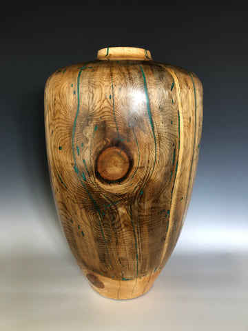 WT #153, Hollow Form Vessel from Beetle Killed Ponderosa Pine with Malachite inlay